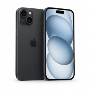 iPhone 15 negro, ilustración frontal y posterior