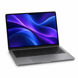 MacBook Air de 13,6 pulgadas abierto en gris, ilustración referencial