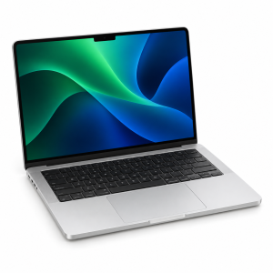 MacBook Pro de 14,2 pulgadas abierto en plata, ilustración referencial